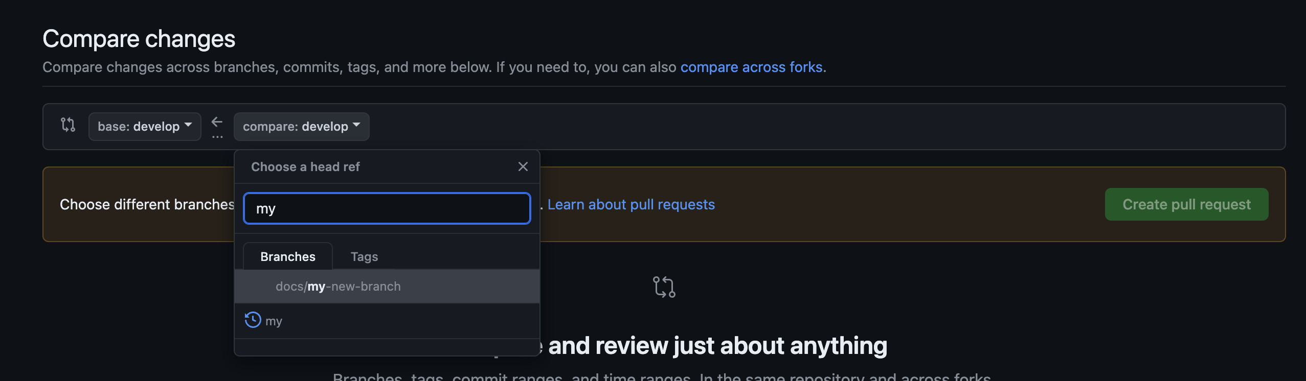 Use compare to create a new pull request