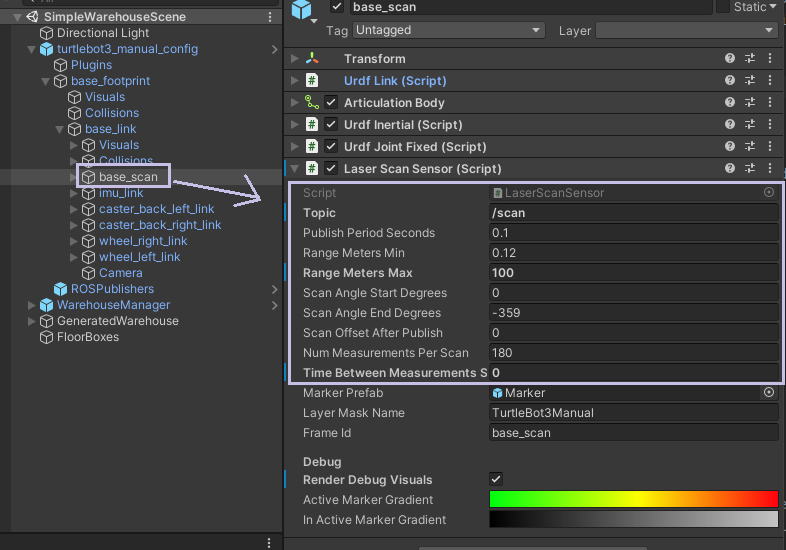 base_scan's LaserScan properties in the Inspector