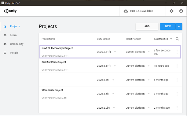 Unity Hub with projects tab, showing the Nav2SLAMExampleProject