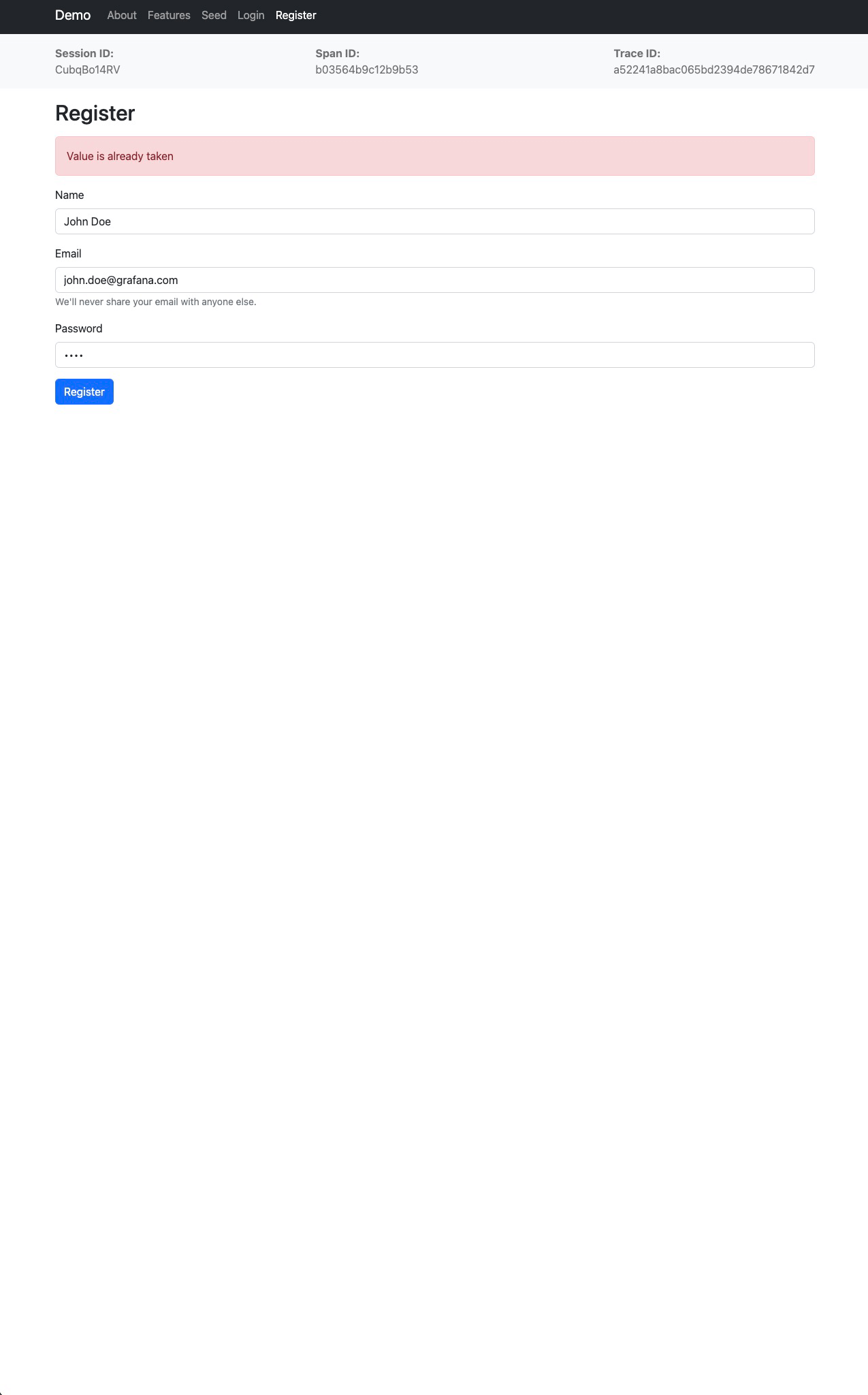 Register page with error