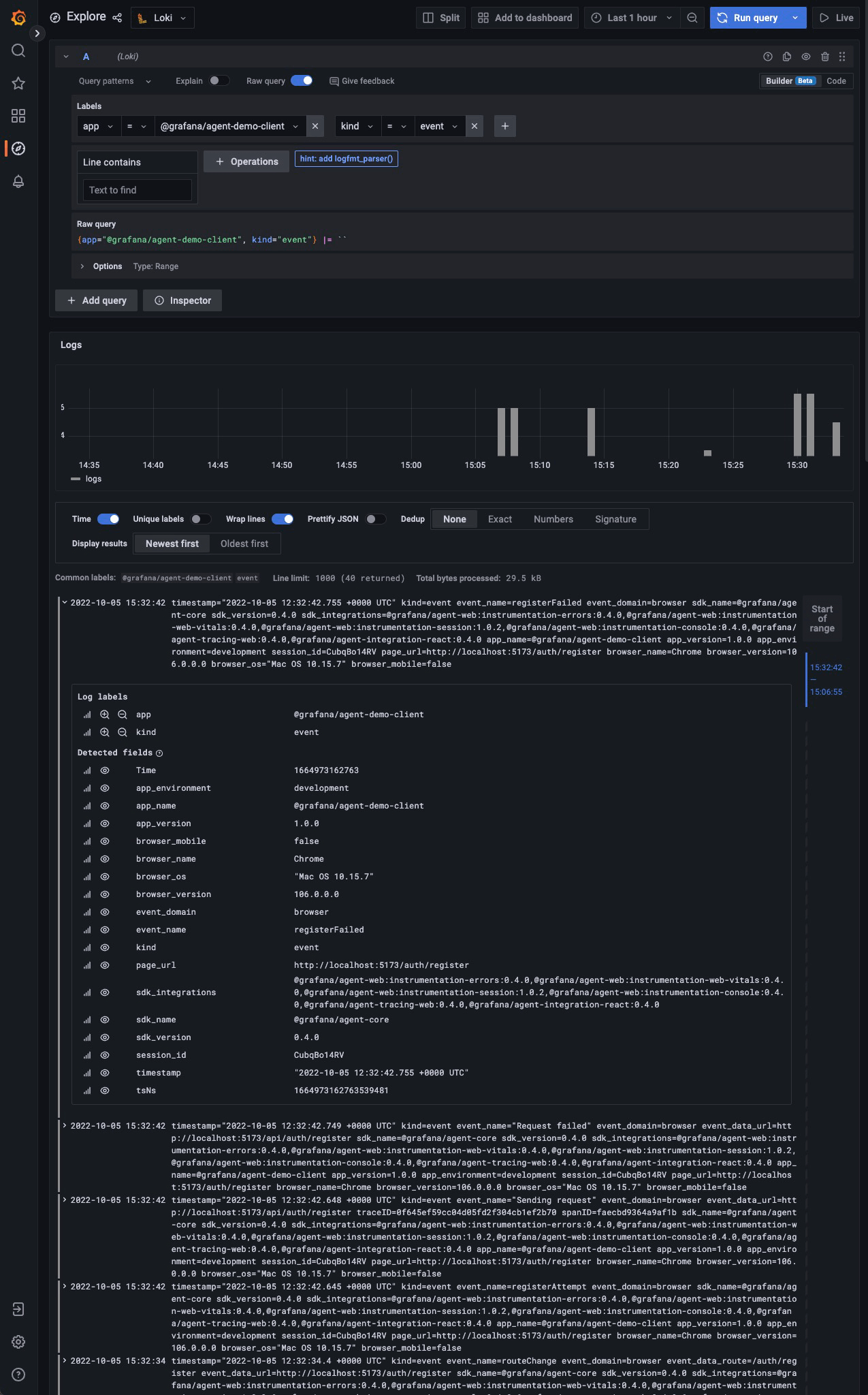 Events for Register page with error