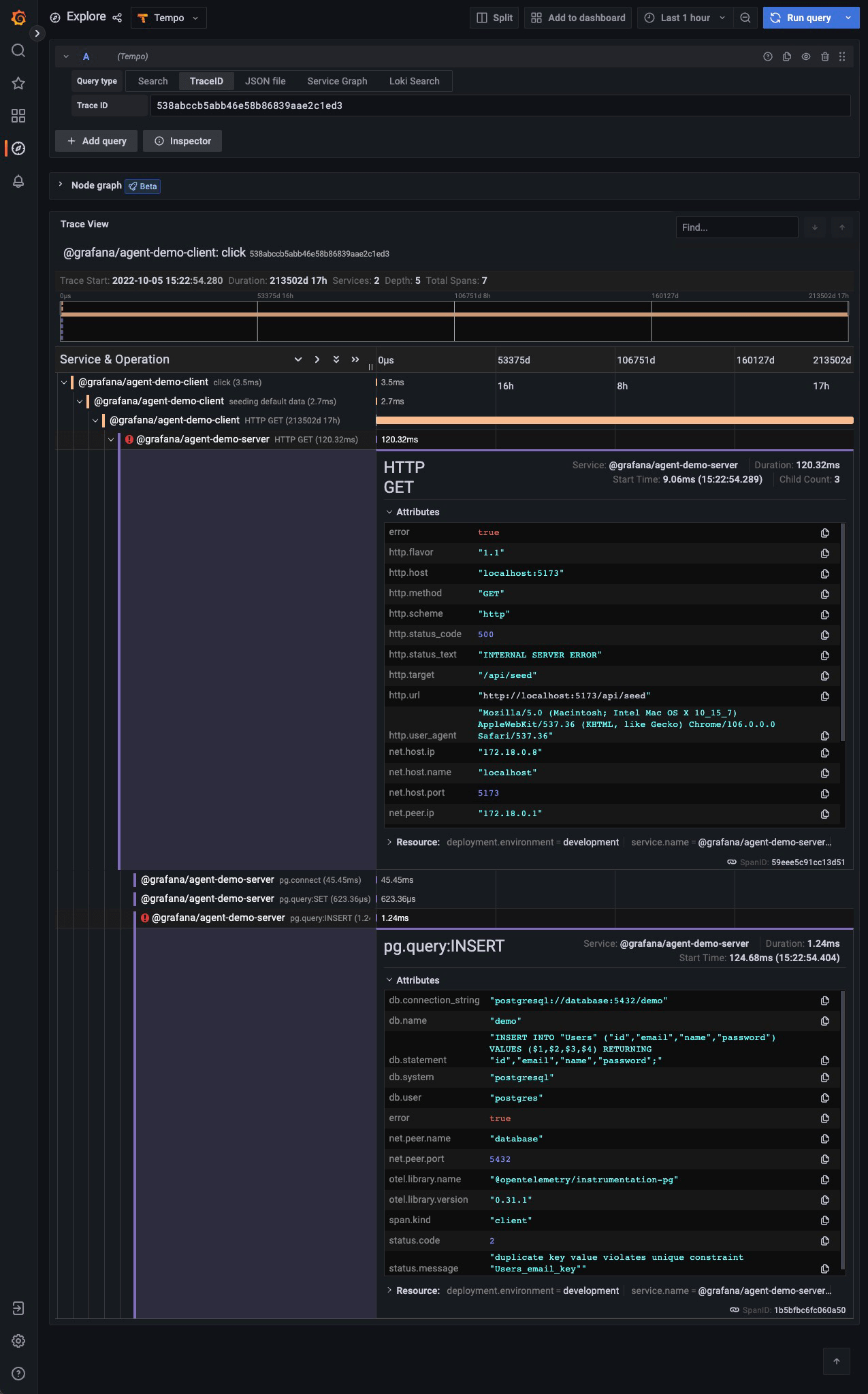 Traces for Seed page with error run