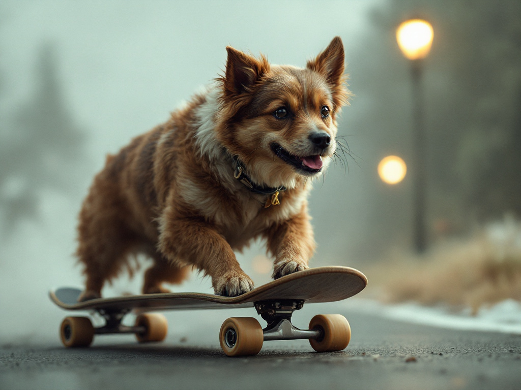 Realistic picture of a dog riding a skateboard