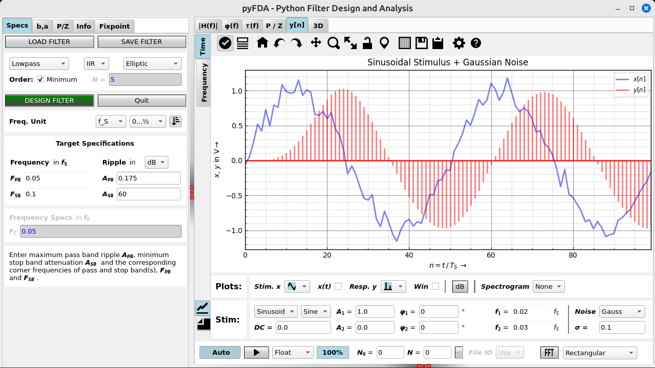 Screenshot pyfda, specs and transient response