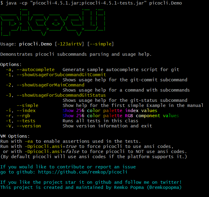 Picocli Demo help message with ANSI colors