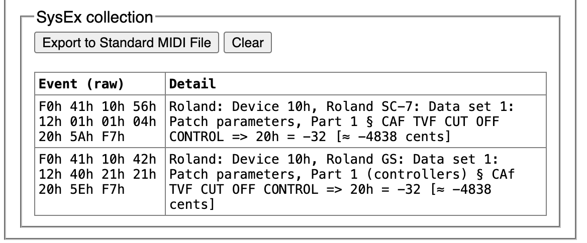 Screenshot of the “SysEx collection” area of SoundPalette