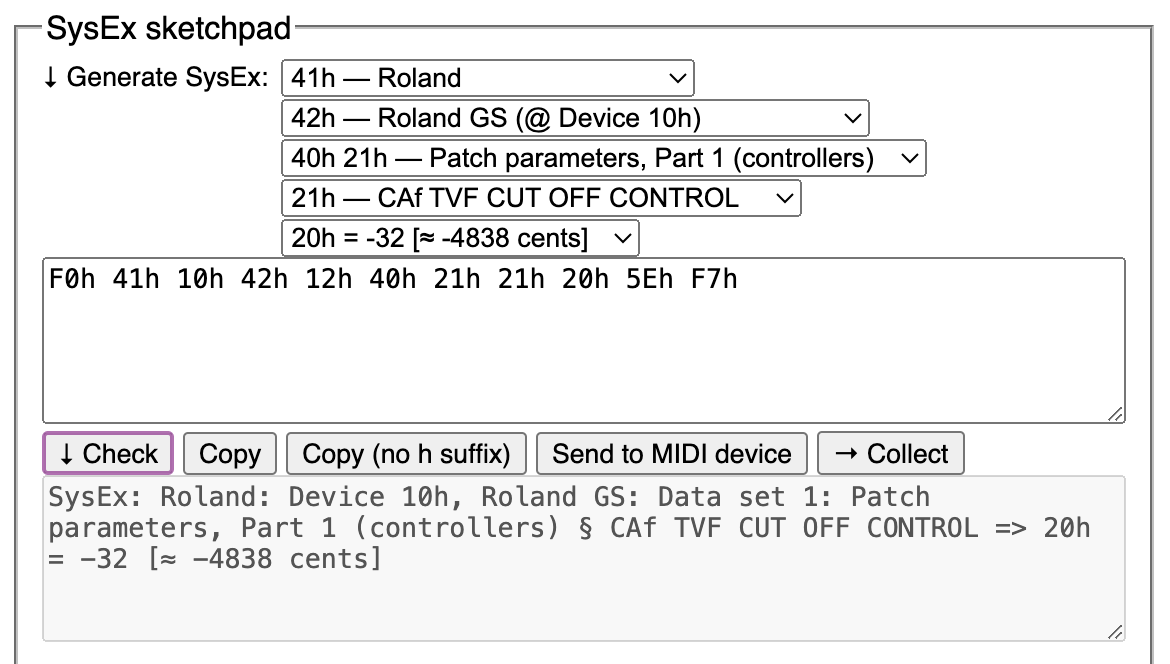 Screenshot of the “SysEx sketchpad” area of SoundPalette