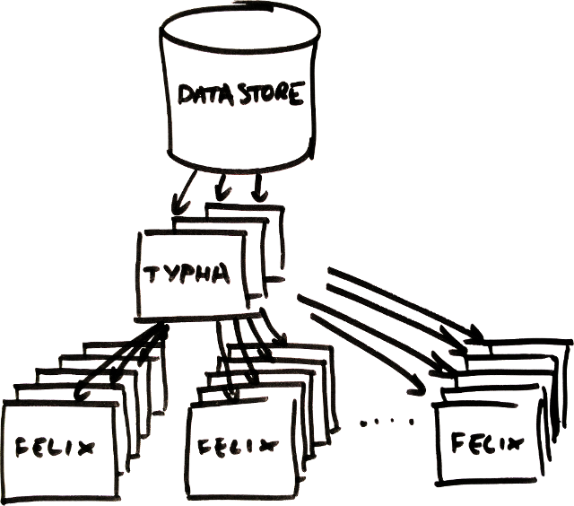 A small cluster of Typha nodes fan out updates to many Felix instances