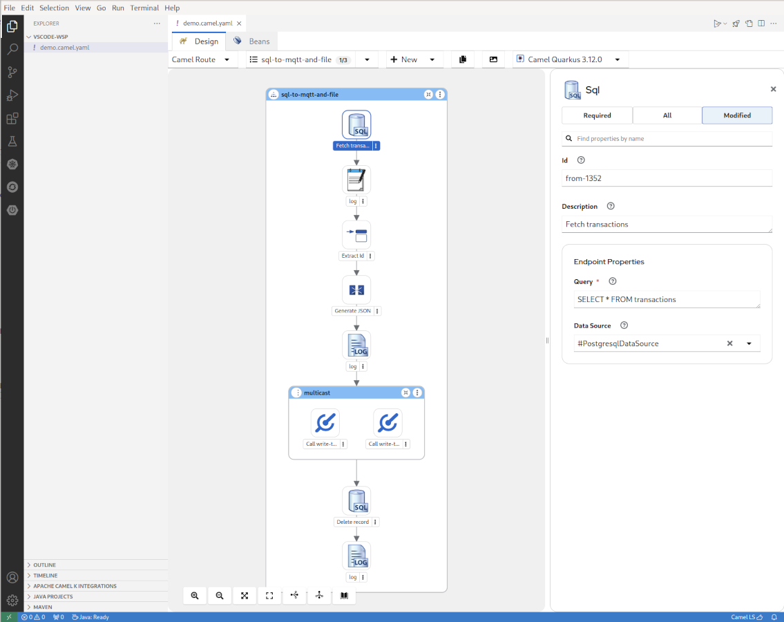 Shows the Kaoto graphical integration designer displaying an integration with multiple steps