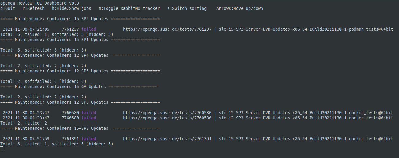 Screenshot of a terminal running openqa-revtui showing four failed jobs in purple and a couple of empty job groups