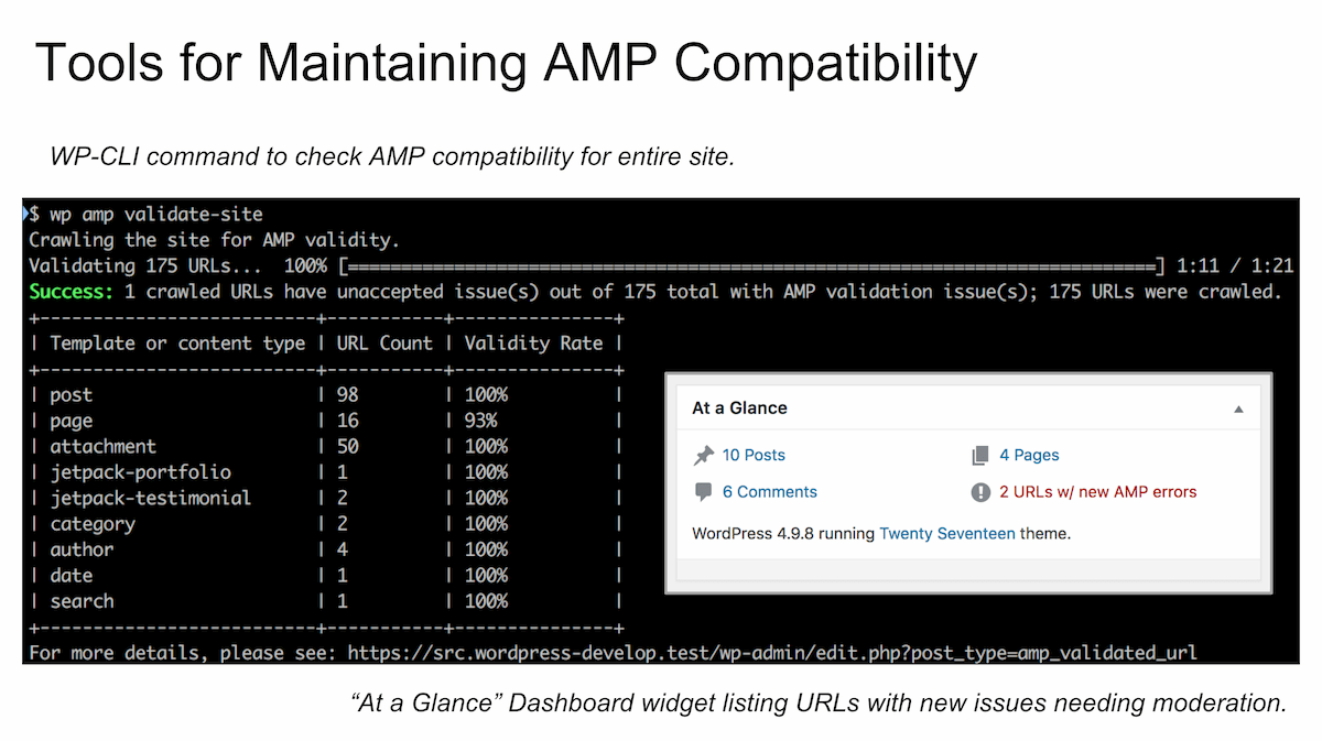 A WP-CLI command is provided to check the URLs on a site for AMP validity. Results are available in the admin for inspection.