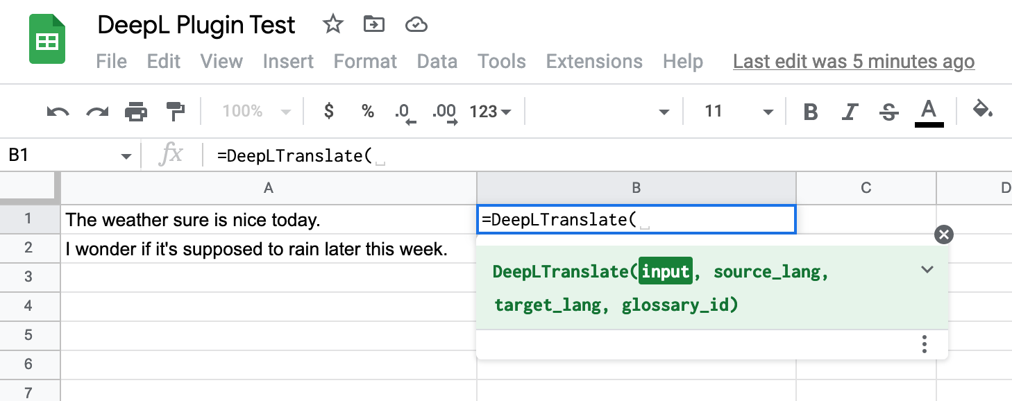 Typing in the DeepLTranslate formula