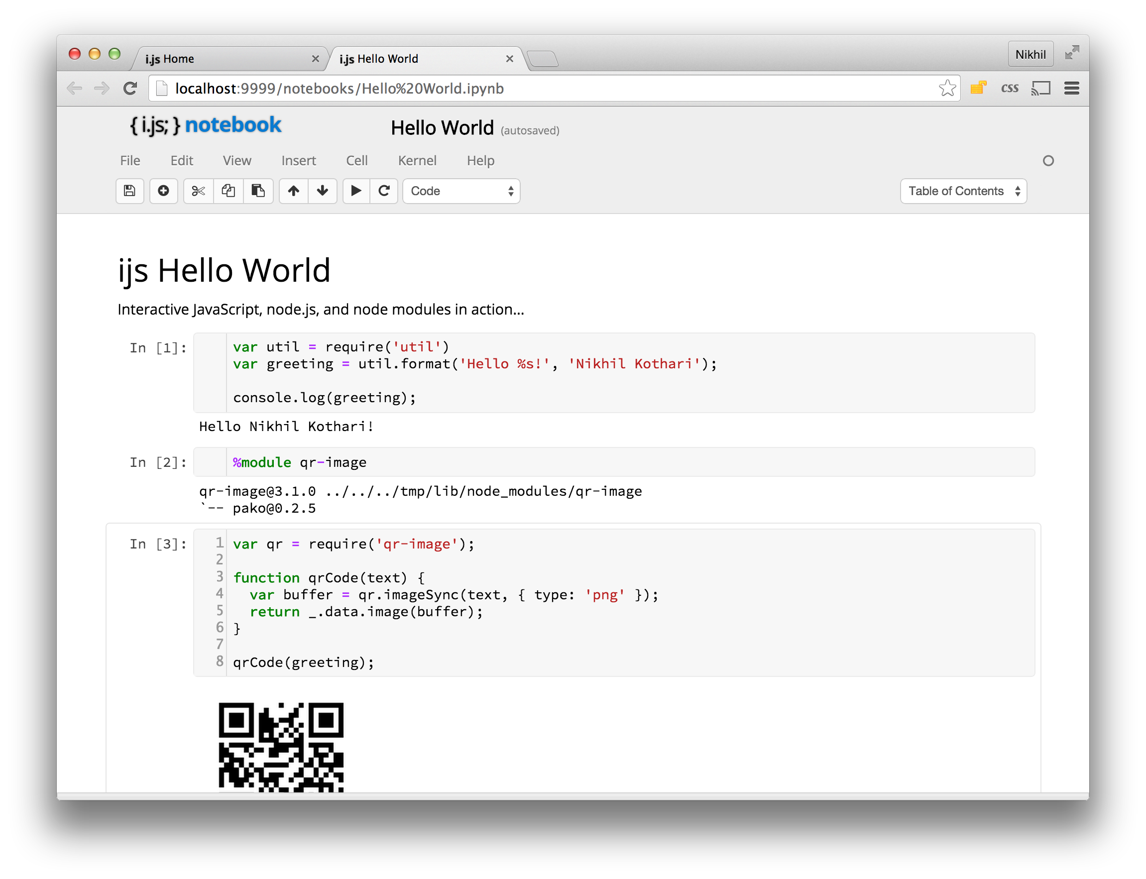 Hello World using node.js APIs and qr-image node module