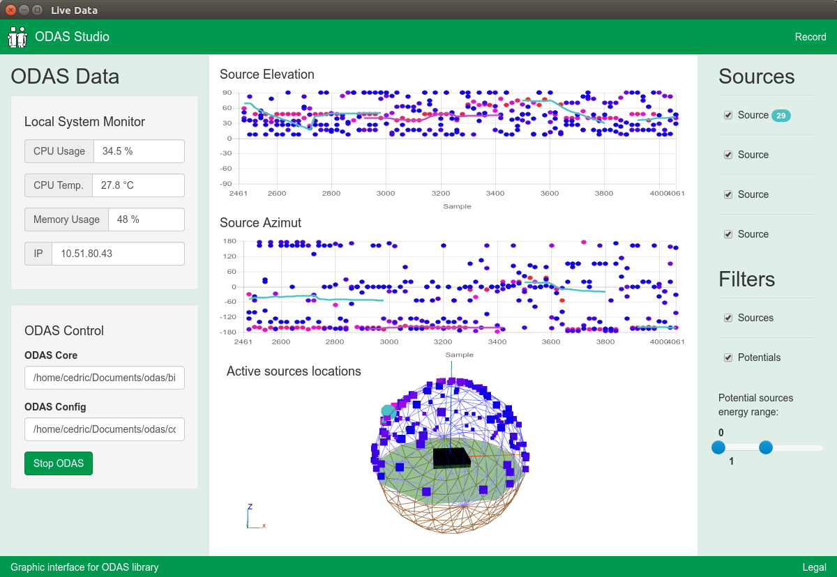 ODAS Studio Live Data page screenshot