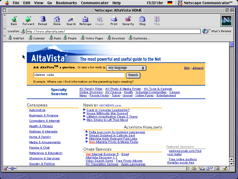 1999's Altavista on MacOS 9.2.2 with Netscape Navigator 4.8