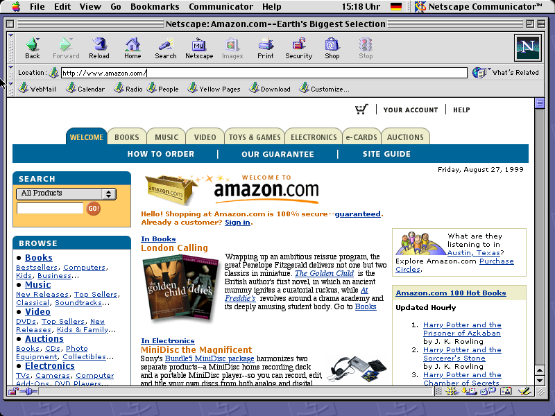 1999's Amazon on MacOS 9.2.2 with Netscape Navigator 4.8