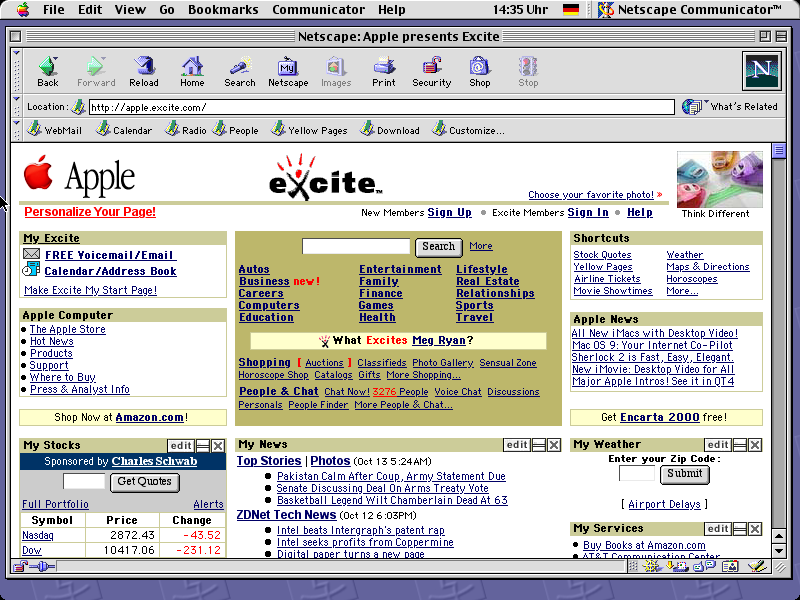 1999's Apple-branded Excite.com on MacOS 9.2.2 with Netscape Navigator 4.8