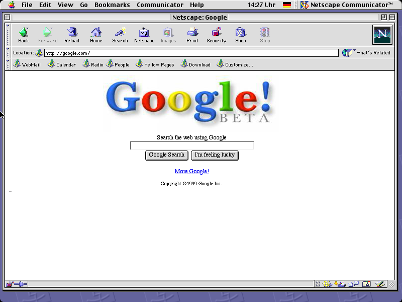 1999's Google on MacOS 9.2.2 with Netscape Navigator 4.8