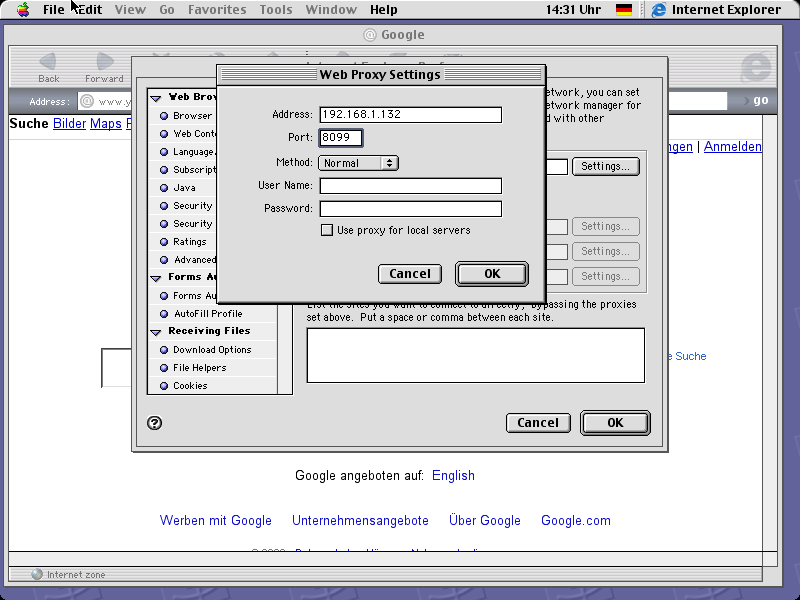 Proxy configuration in Internet Explorer 5 on MacOS 9.2.2