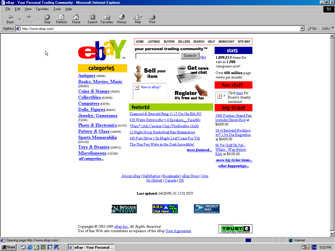 1999's eBay on Windows 98 with Internet Explorer 5