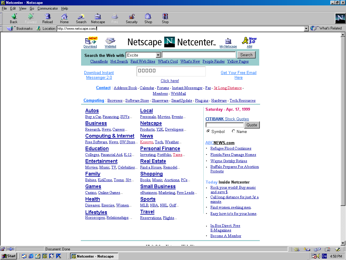 1999's Netscape.com on Windows 98 with Netscape Navigator 4.7