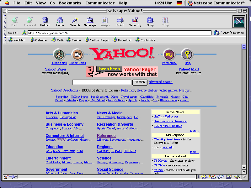 1999's Yahoo on MacOS 9.2.2 with Netscape Navigator 4.8