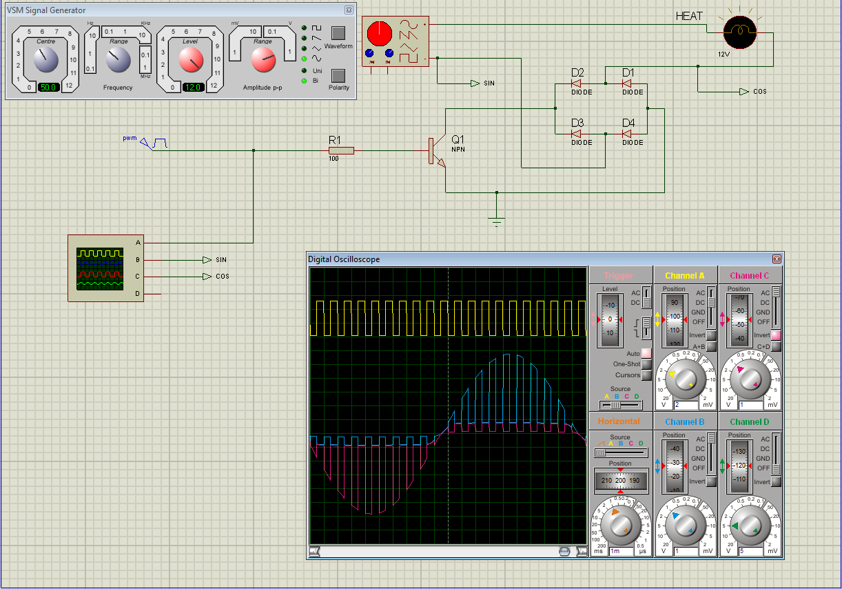 Schematic: PWM output modulating alternating current (AC) at 50% duty cycle