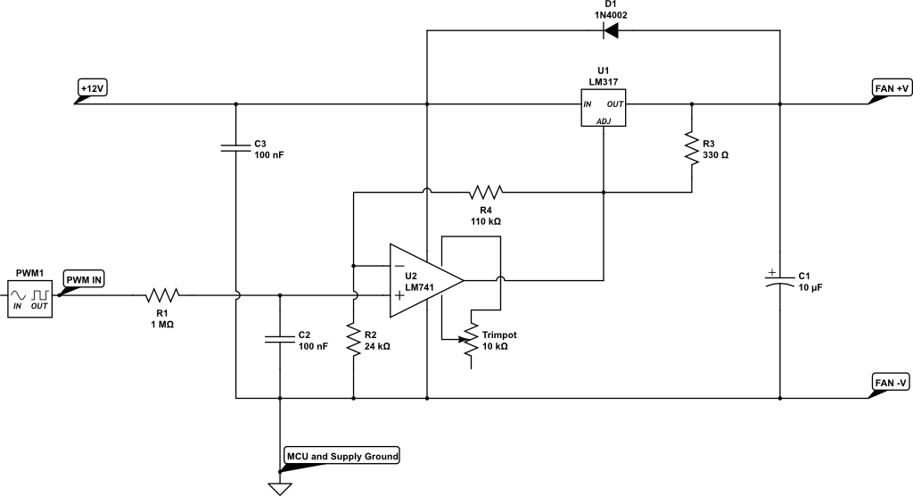 Schematic: PWM output modulating alternating current (AC) at 1% duty cycle