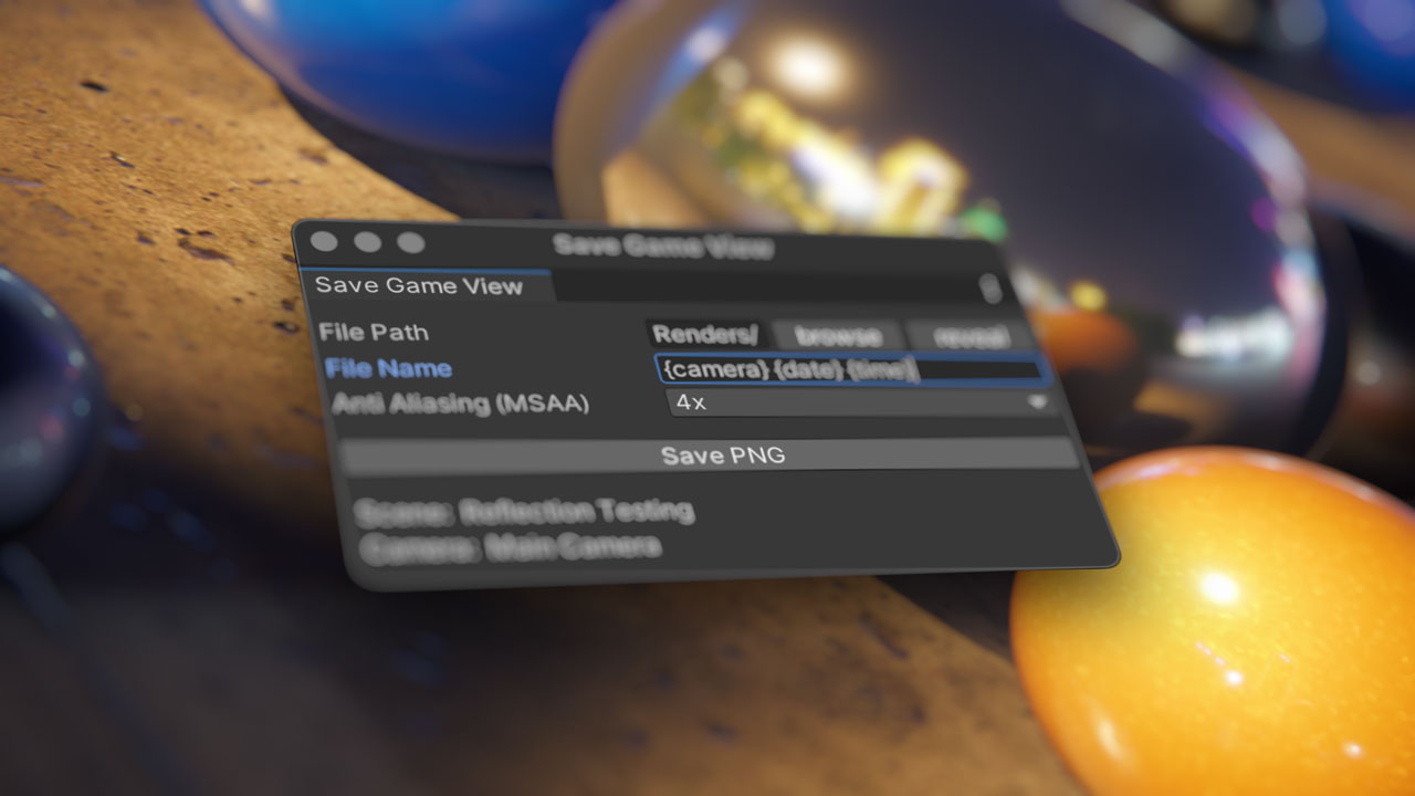 Screenshot of the Save Game View user interface showing the settings and Save PNG render button