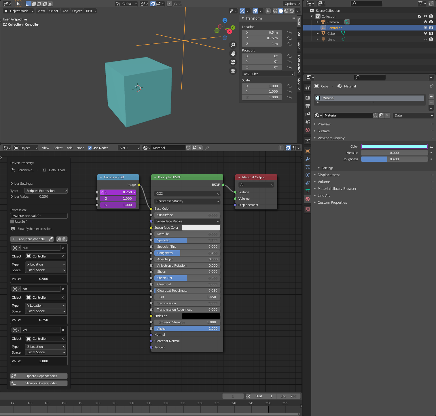 screen capture of the Blender interface showing both the controller null and the driver function applied to the red channel of an affected object