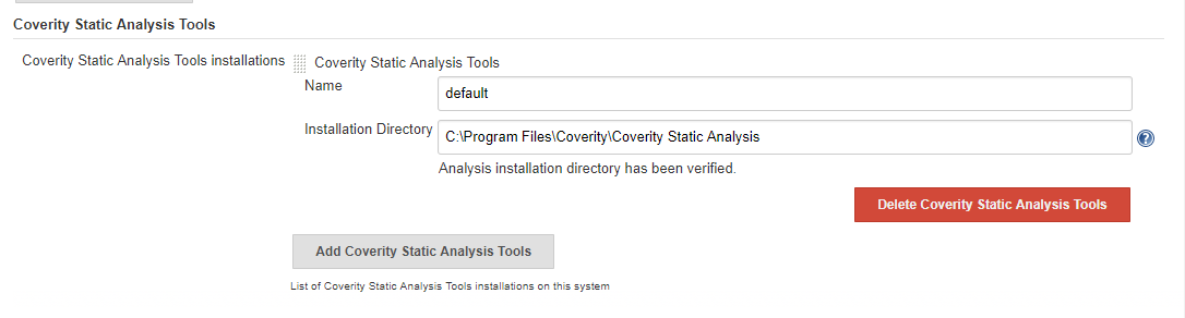 Screenshot of Coverity Global Tool Configuration