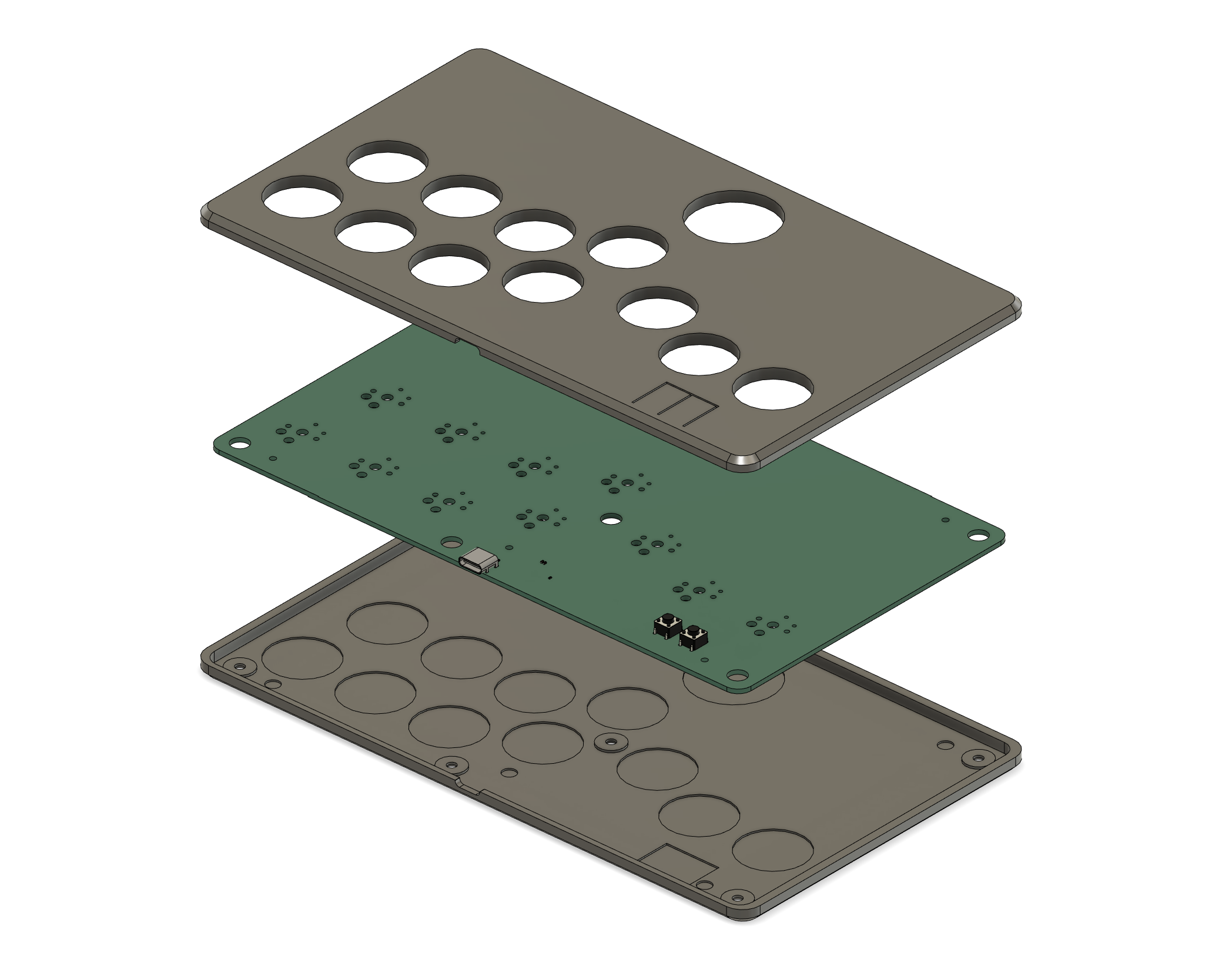 Flatbox rev6 exploded view of the 3D printed case