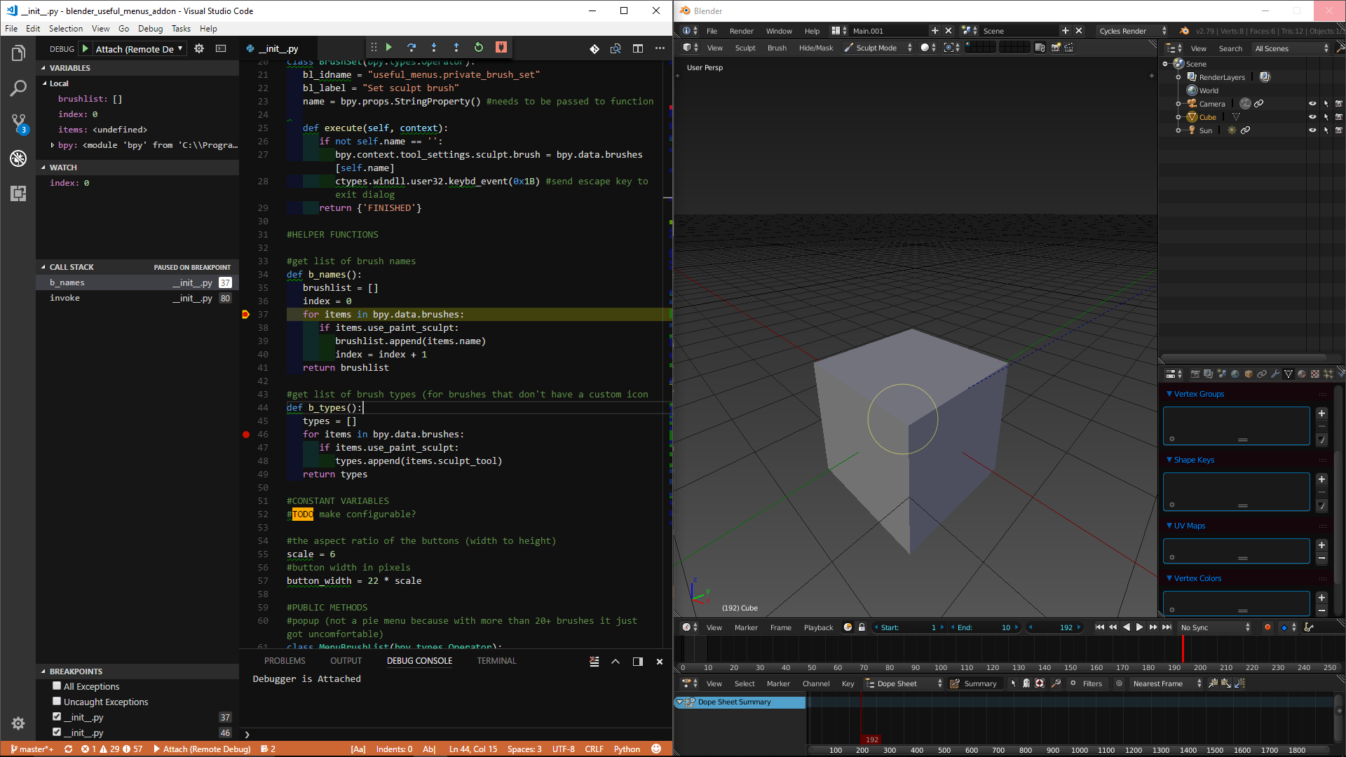 Image Showing VSCode side by side with Blender paused at a breakpoint. In the console, a "Debugger is Attached" Statement is printed.