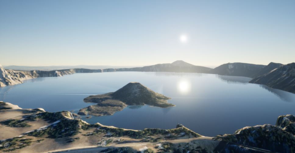 Crater Lake, Oregon, visualized in Unreal Engine using Cesium for Unreal.