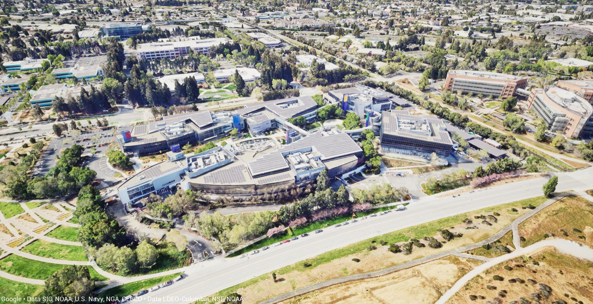 The Googleplex in Mountain View, California visualized with Photorealistic 3D Tiles in Cesium for Unreal.