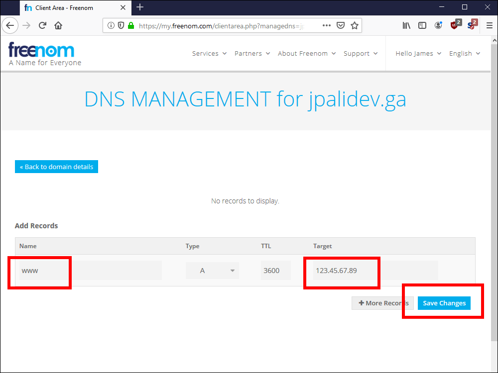 Freenom add DNS A record and SaVe Changes