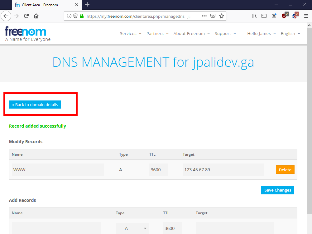 Freenom Back to Domain Details