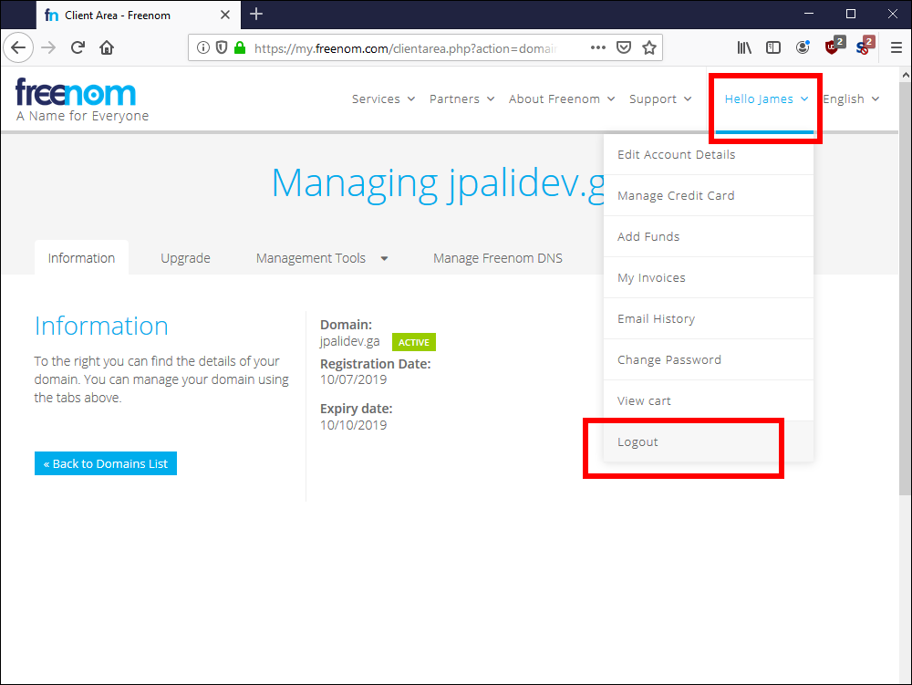 Freenom Logout