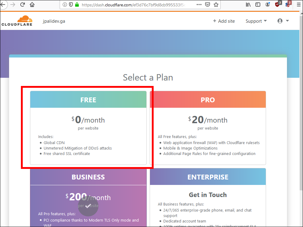 Cloudflare select FREE plan