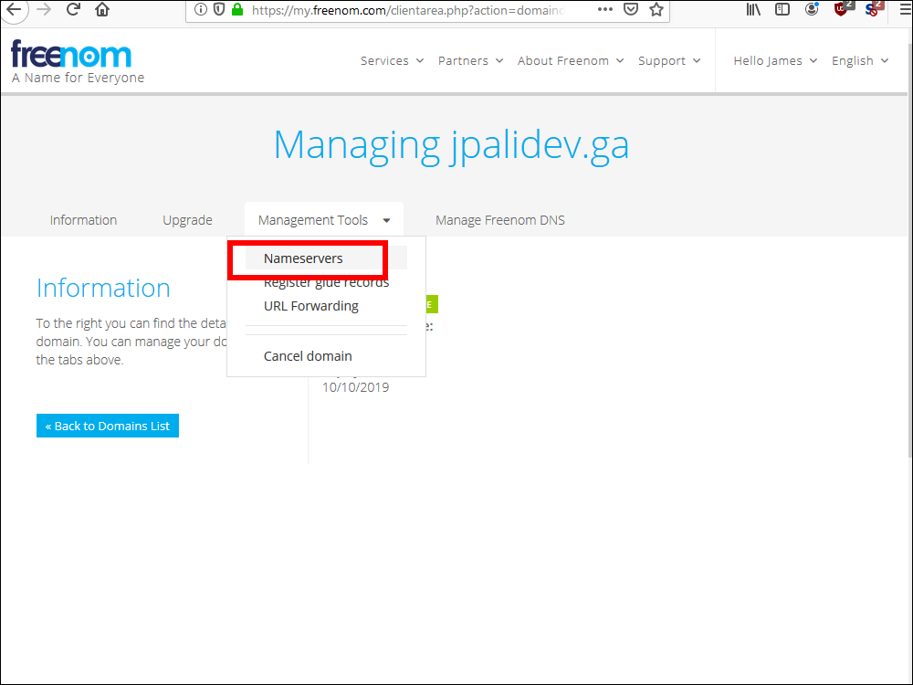 Freenom Management Tools Nameservers