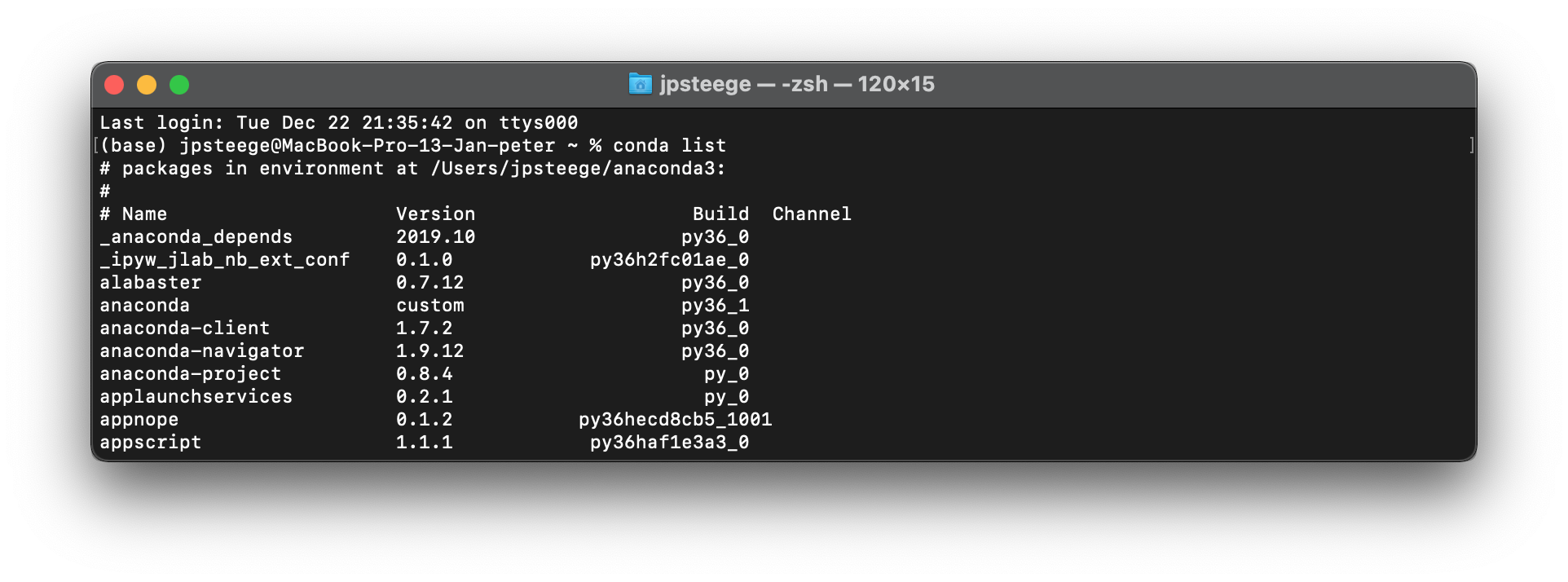 Terminal window where 'conda list' outcome is visible