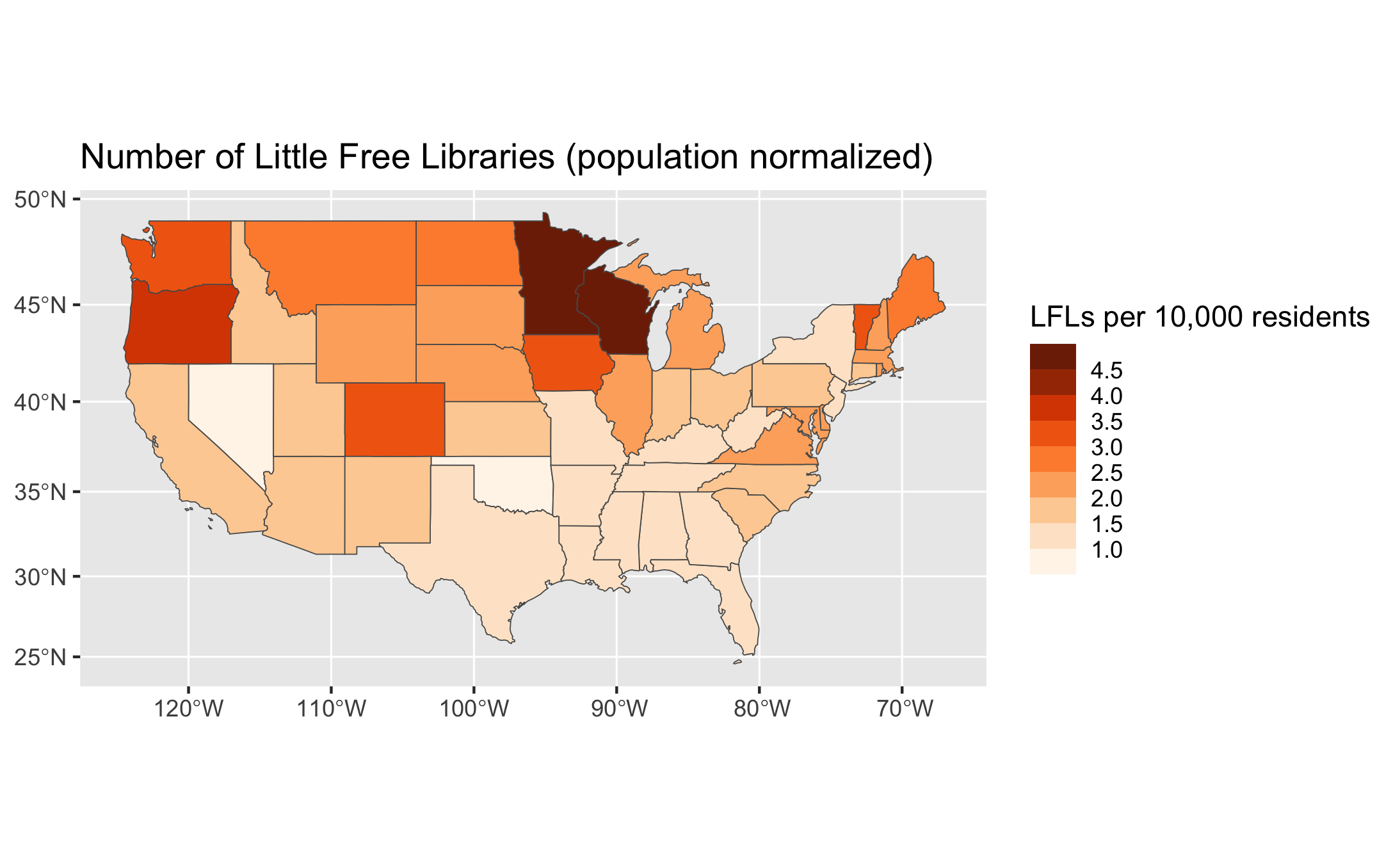 Choropleth map based on counts of LFLs adjsuted for population