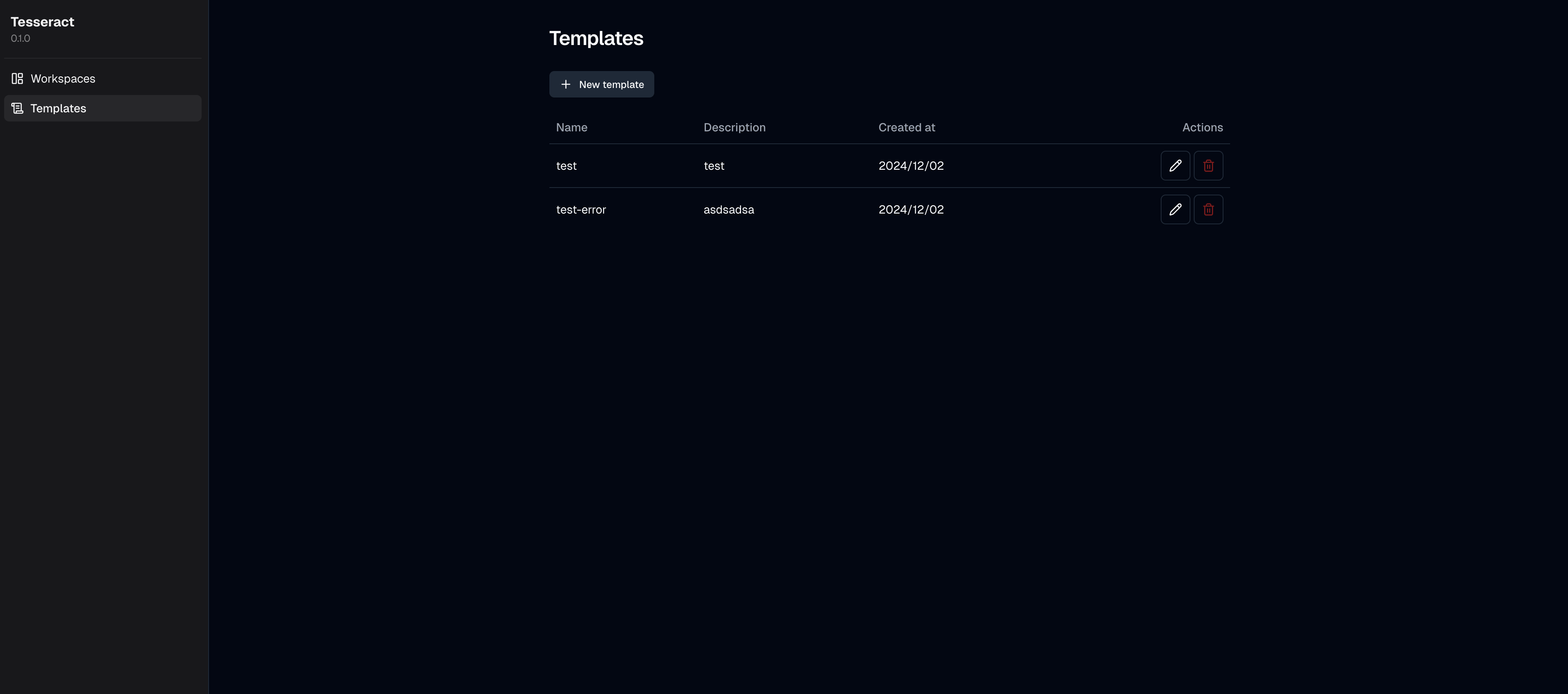 The template dashboard