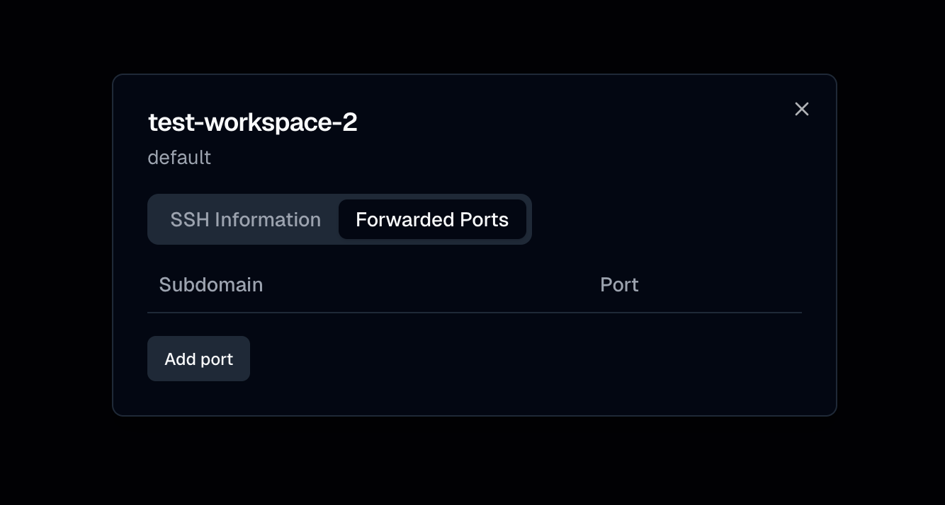 Workspace information dialog with the forwarded ports tab open