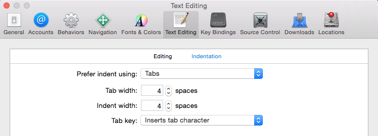 Xcode indent settings