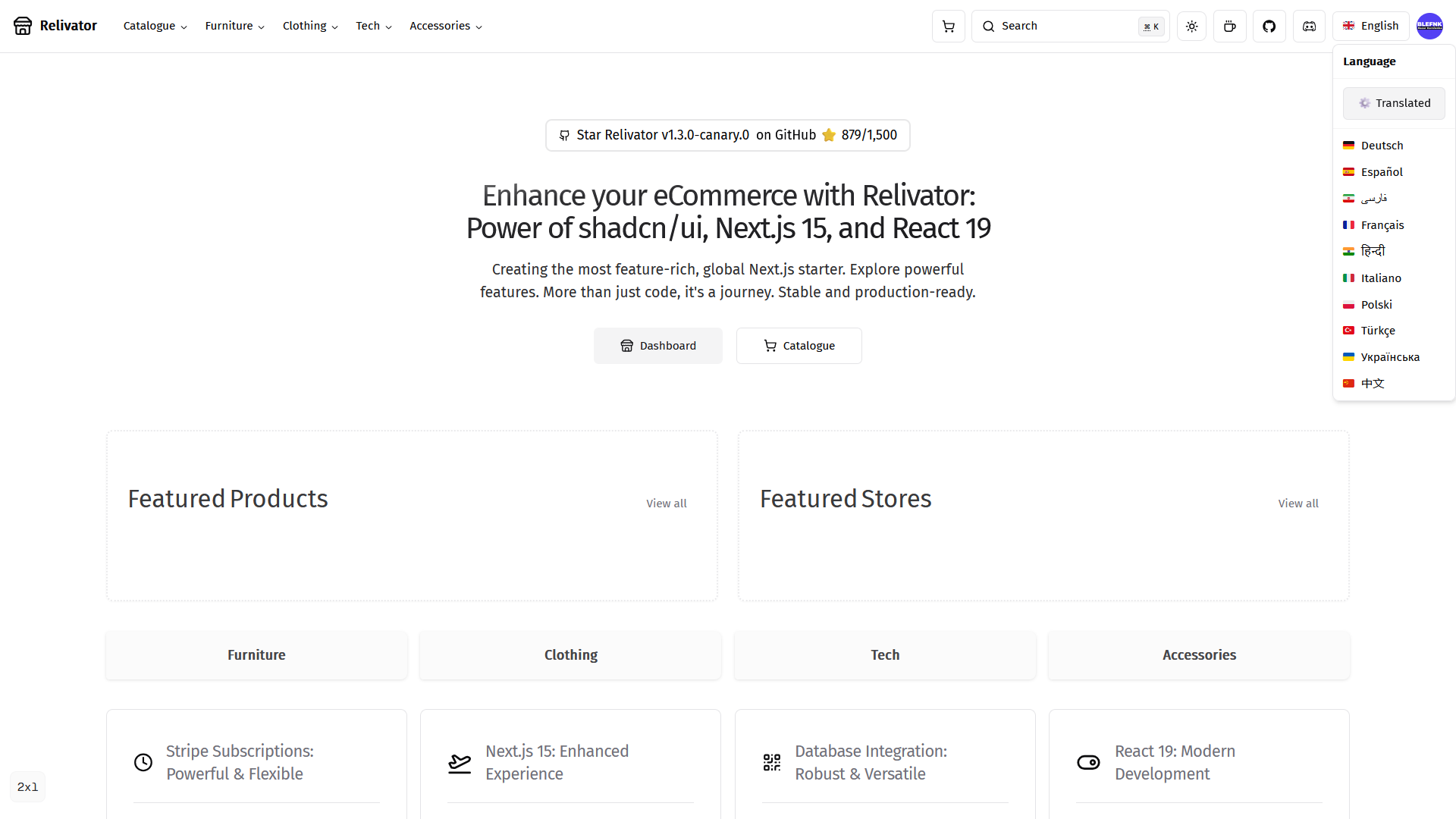 Shows the landing page of Relivator Next.js template, with its logo and the phrase 'Relivator Empowers Your eCommerce with the Power of Next.js'.