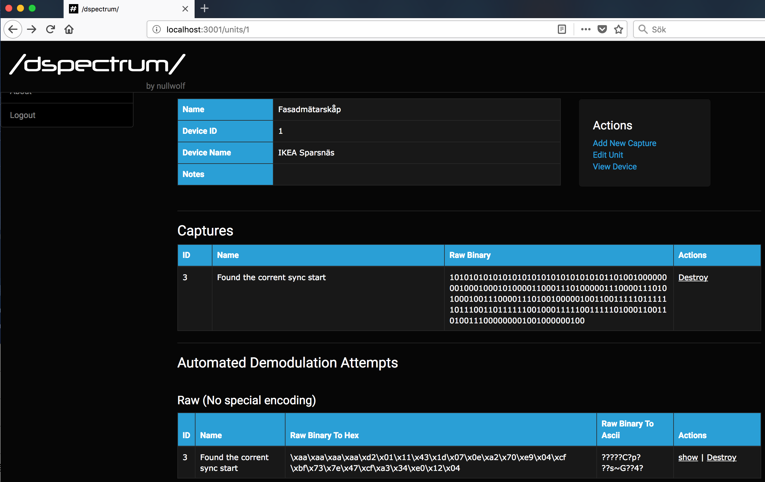 Review the decoded binary stream in the DspectrumGUI