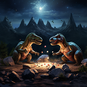 two dinosaurs playing stones that are flying