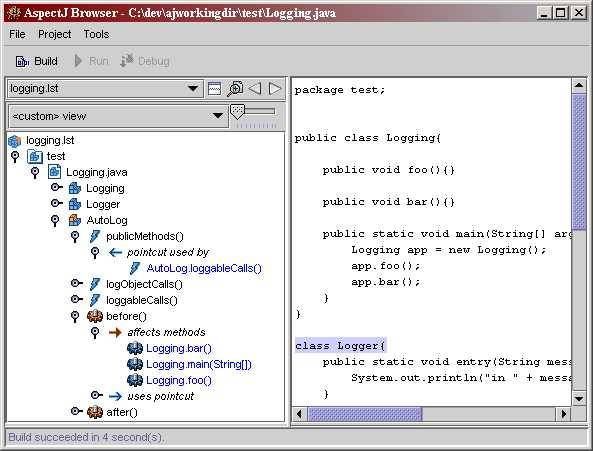 随 AspectJ 一起提供的图形结构浏览器展示了（在其它事物中）AutoLog 建议了什么