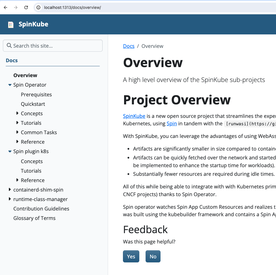 Screenshot of the SpinKube documentation, taken 2024-02-19